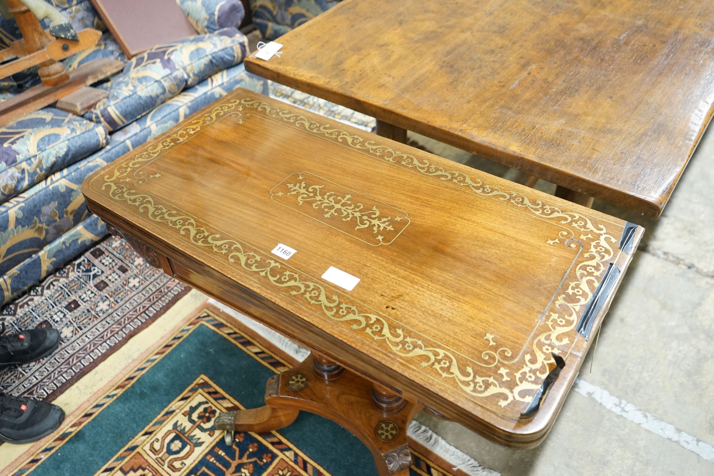A Regency brass inlaid mahogany rectangular folding card table, width 86cm, depth 43cm, height 74cm